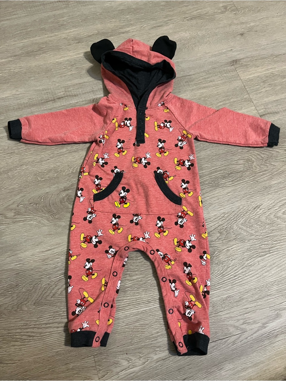 Disney Faded Red Mickey Mouse Hooded One-Piece Bodysuit w/ Ear Details